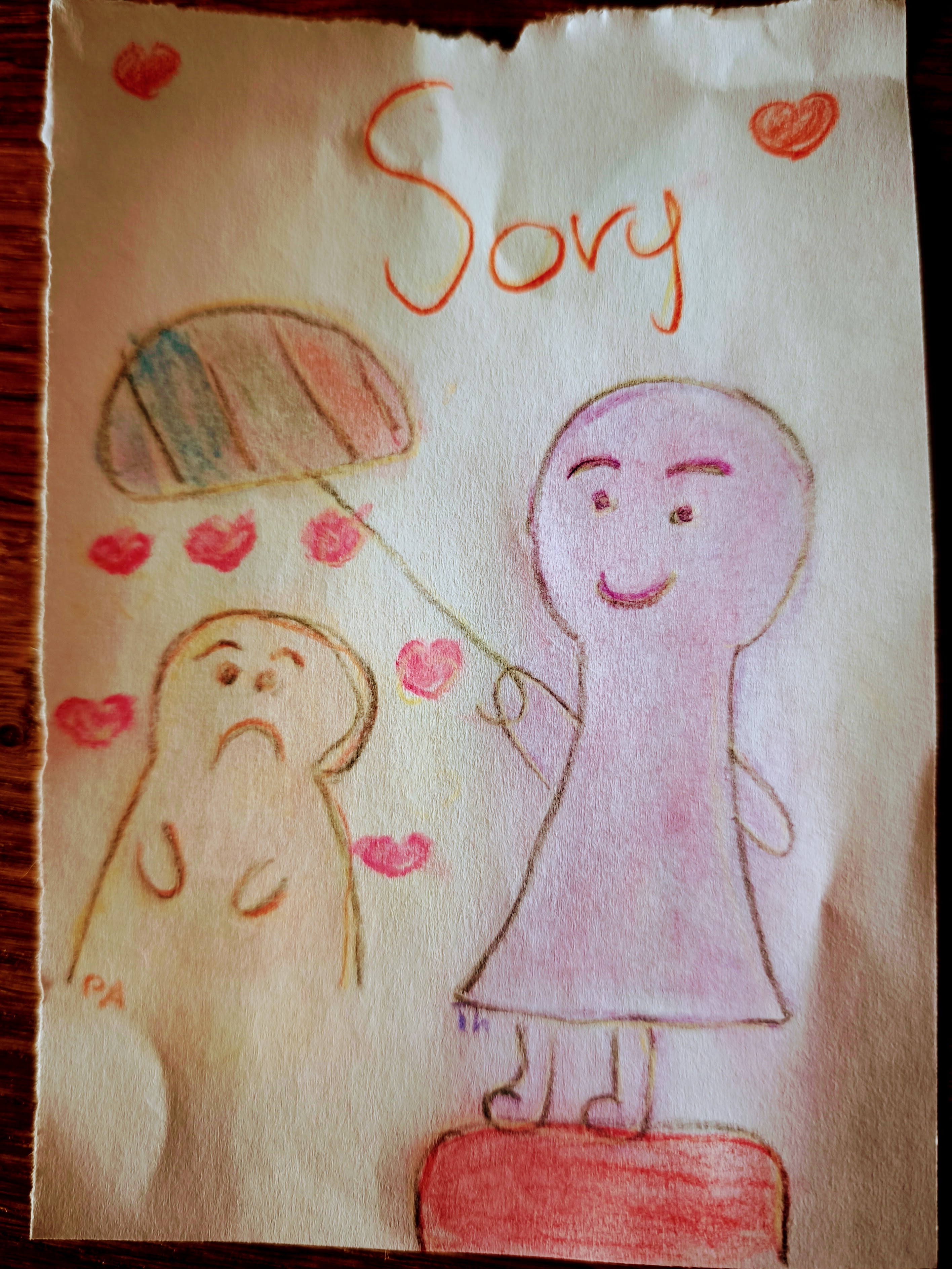Kinderzeichnung mit dem Wort Sorry und zwei Figuren